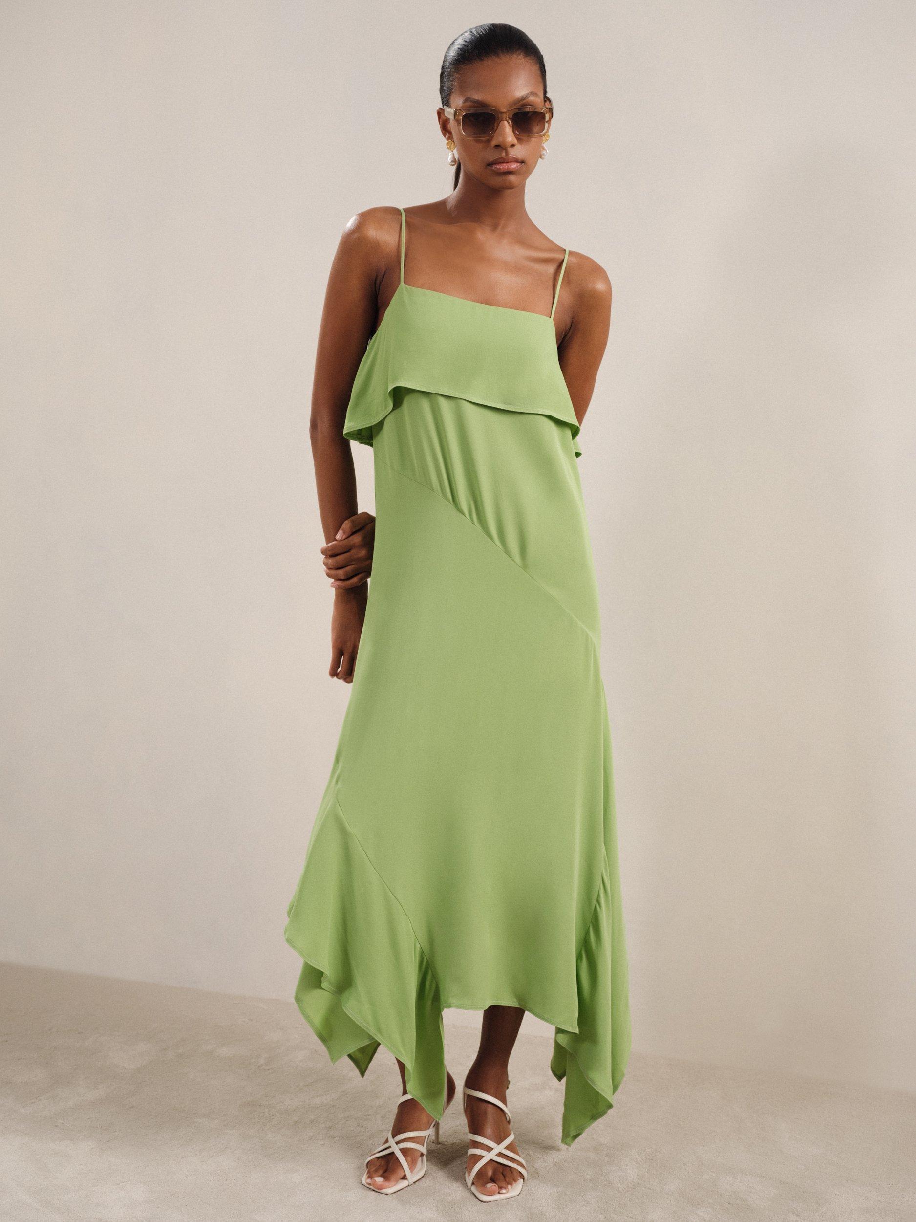 Product image 1 of 5, which shows Reiss Alba Asymmetric Ruffle Midi Dress, Green, 6