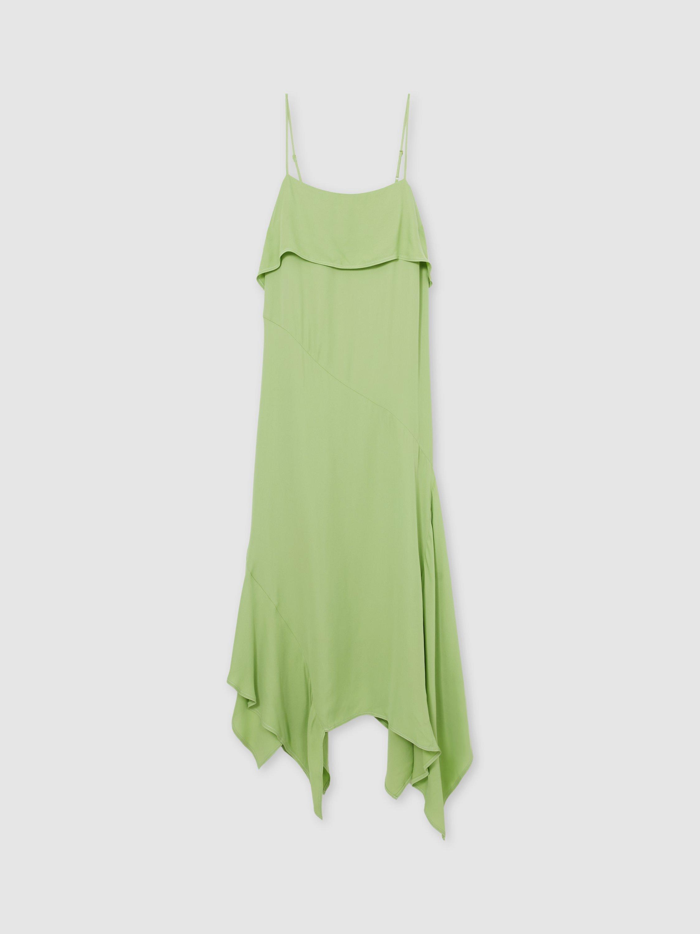 Product image 3 of 5, which shows Reiss Alba Asymmetric Ruffle Midi Dress, Green, 6