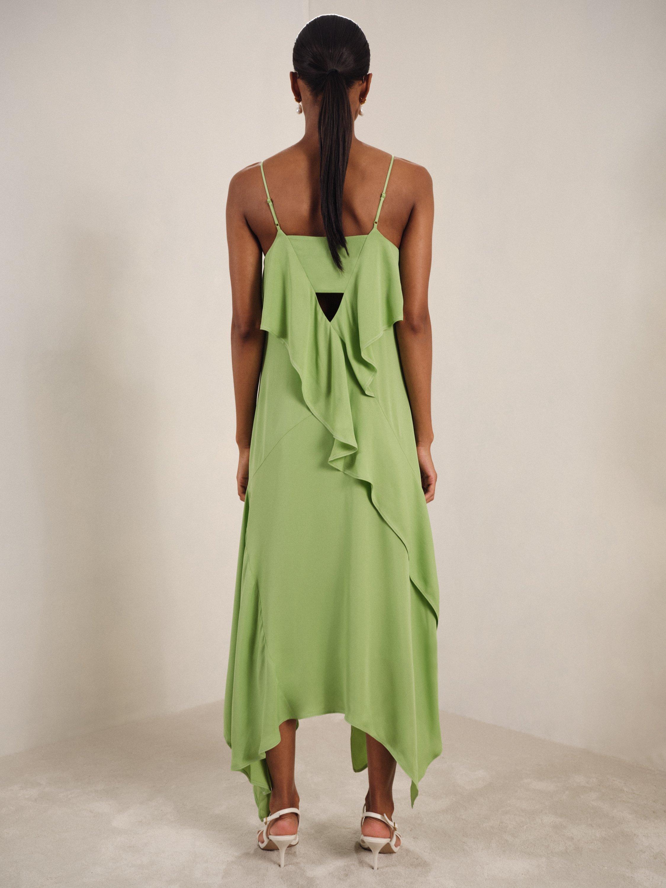 Product image 5 of 5, which shows Reiss Alba Asymmetric Ruffle Midi Dress, Green, 6