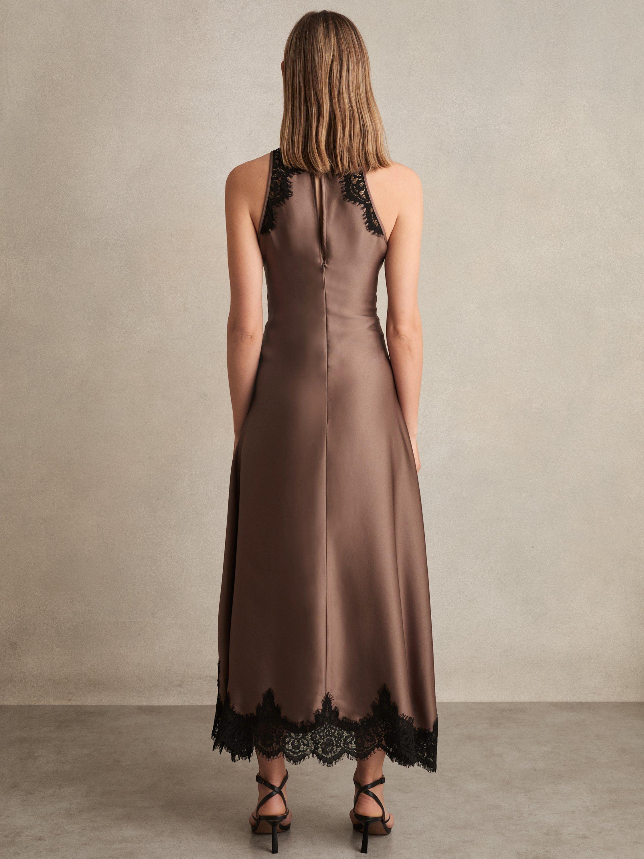 Product image 2 of 5, which shows Reiss Anais Satin Drape Lace-Trim Midi Dress, Mocha Brown, 6