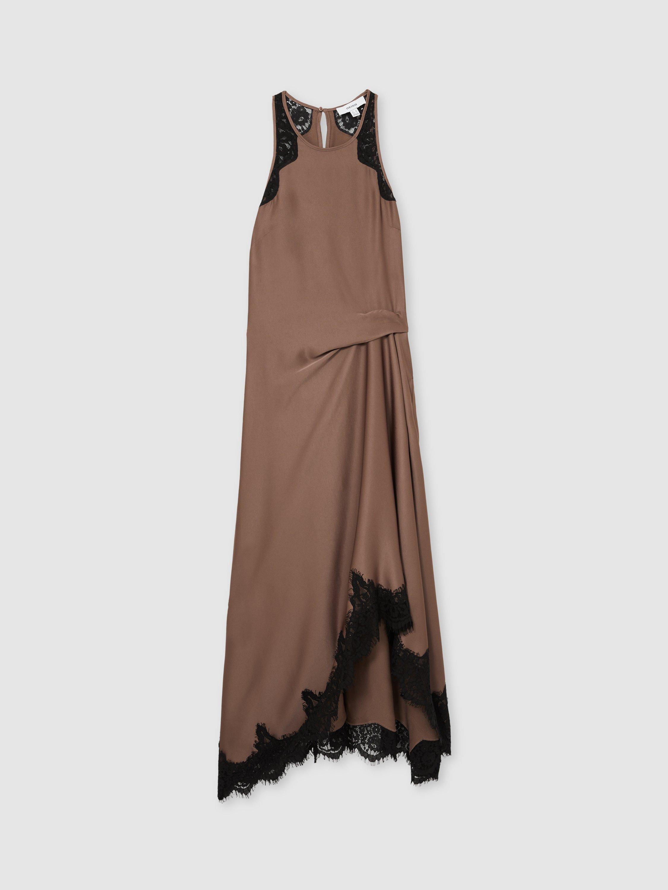 Product image 3 of 5, which shows Reiss Anais Satin Drape Lace-Trim Midi Dress, Mocha Brown, 6