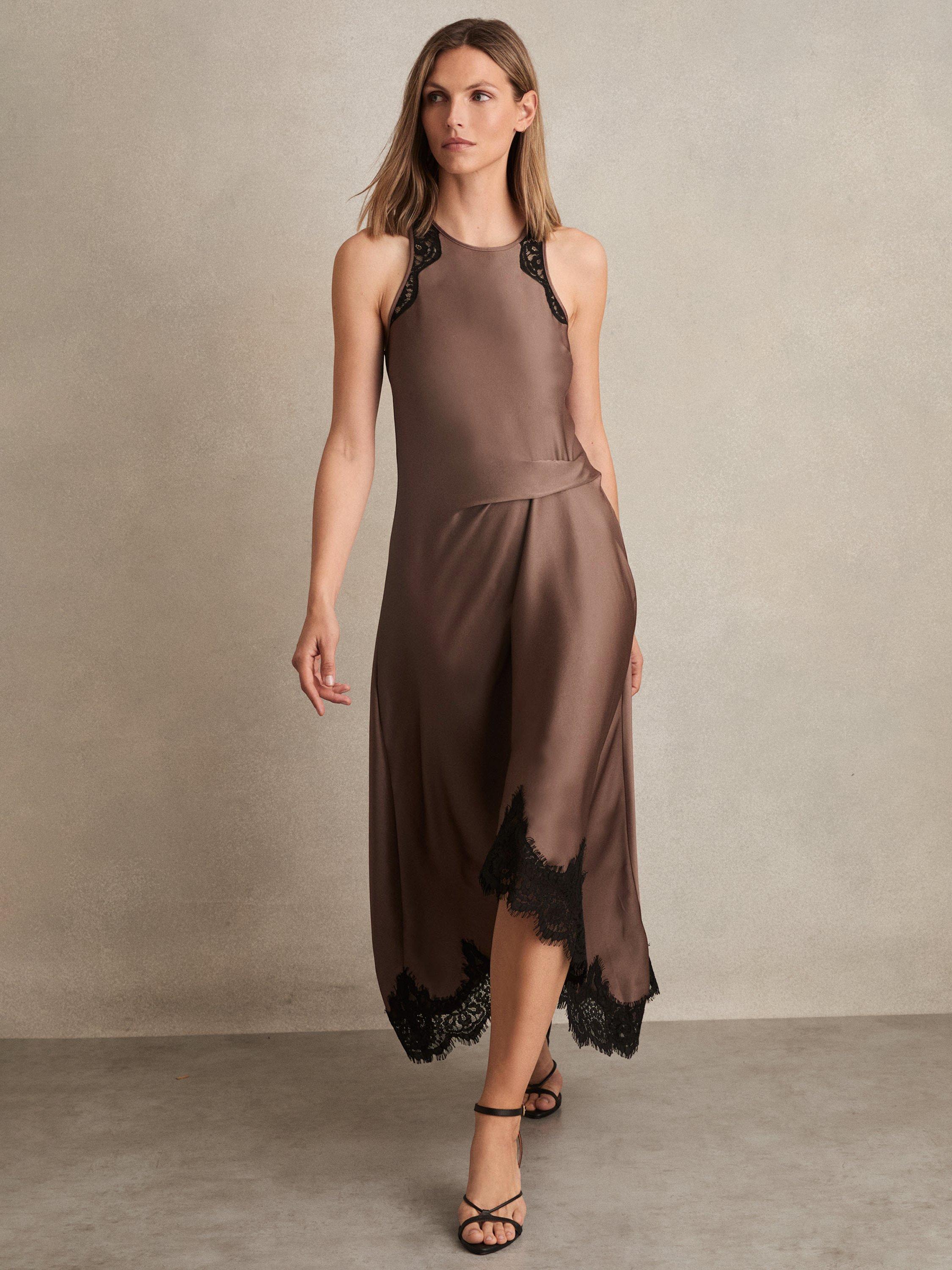 Product image 4 of 5, which shows Reiss Anais Satin Drape Lace-Trim Midi Dress, Mocha Brown, 6