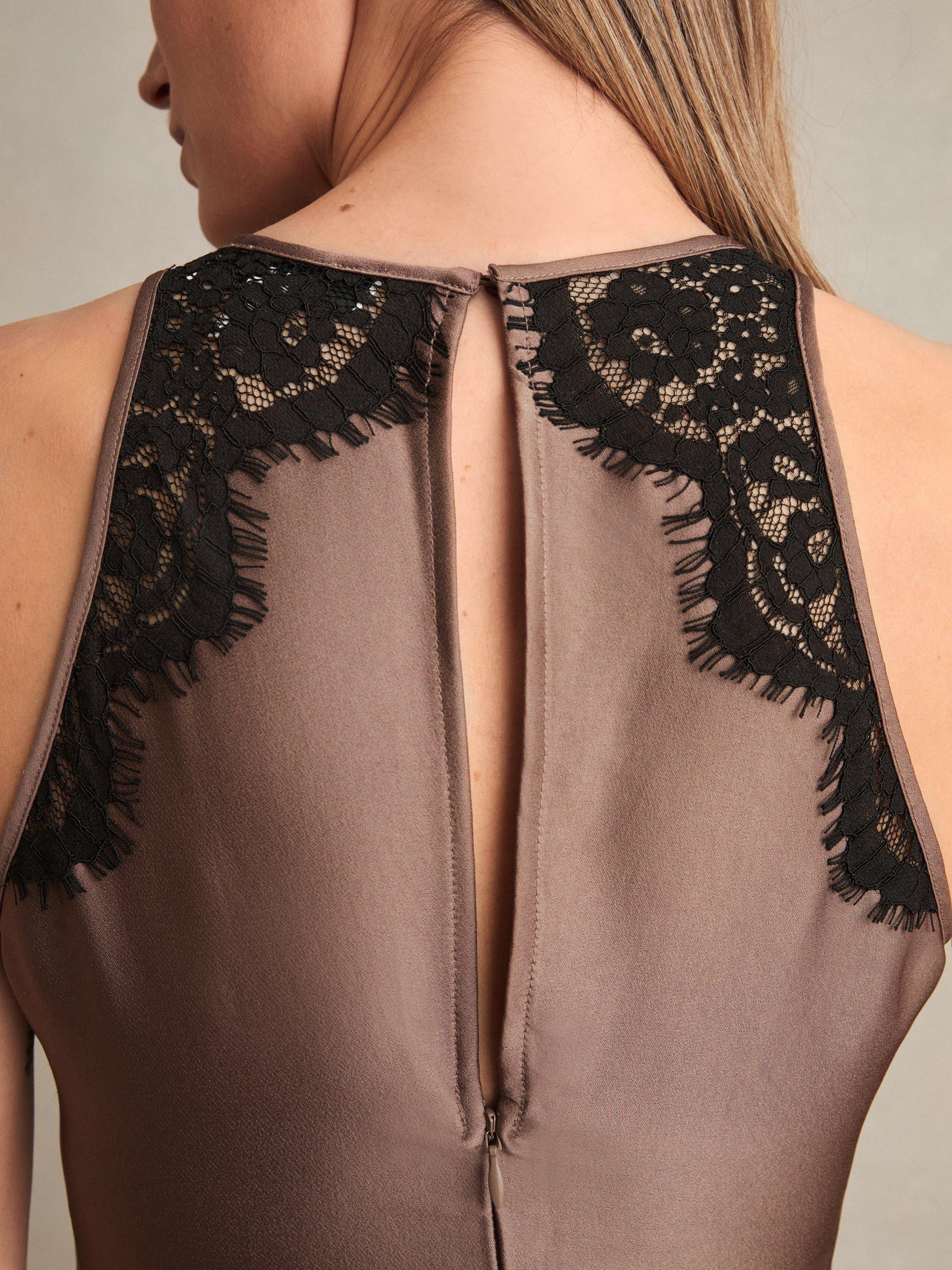 Product image 5 of 5, which shows Reiss Anais Satin Drape Lace-Trim Midi Dress, Mocha Brown, 6