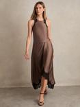 Reiss Petite Anais Satin Drape Lace-Trim Midi Dress, Mocha Brown
