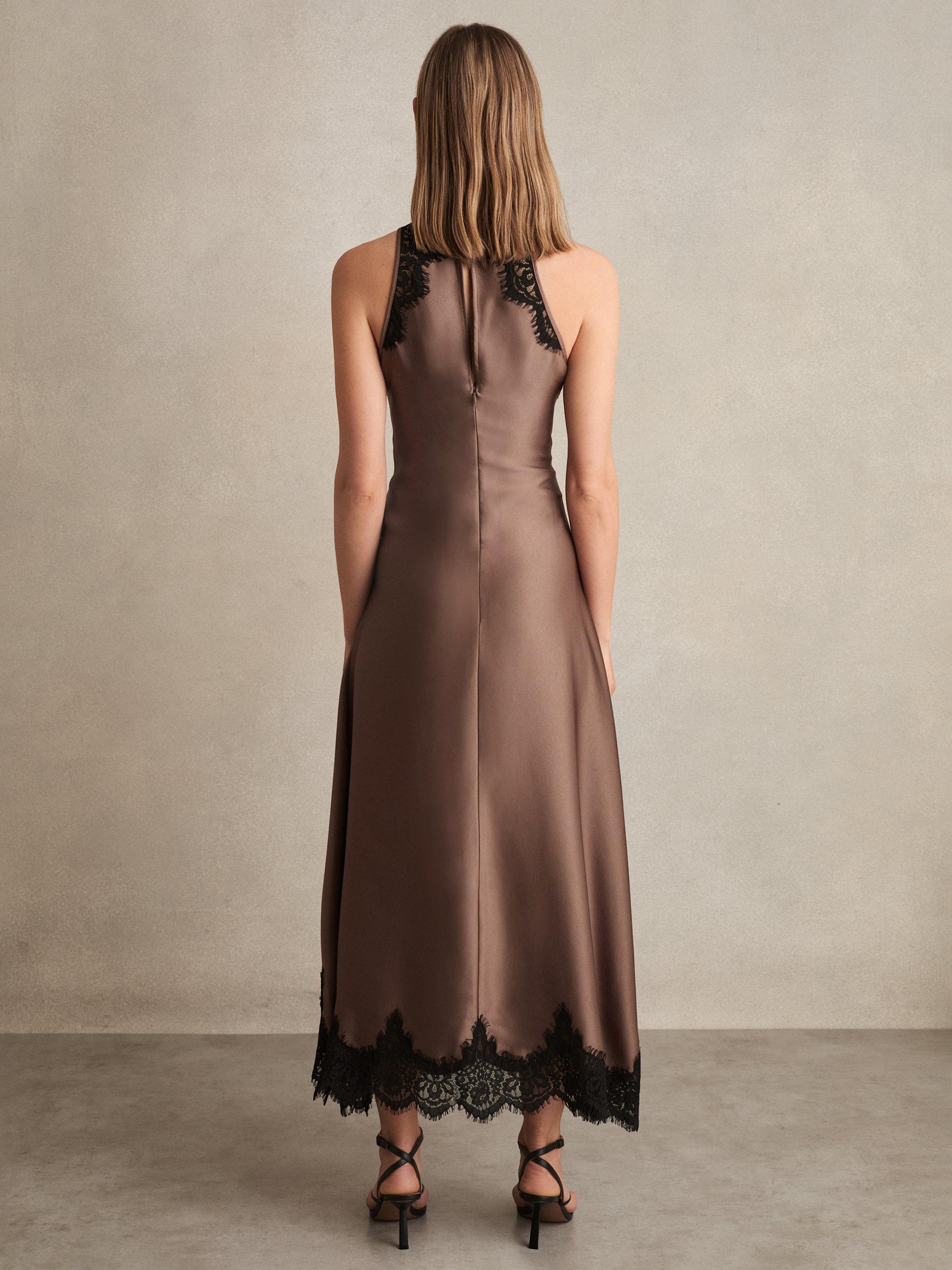 【海外限定】REISSドレス☆Anais Satin Drape Lace-Trim Midi Dr Reiss Satin Drape Lace-Trim Dress in Mocha Brown | REISS