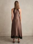 Reiss Petite Anais Satin Drape Lace-Trim Midi Dress, Mocha Brown