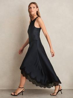 Reiss Anais Satin Drape Lace-Trim Midi Dress, Navy