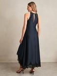 Reiss Anais Satin Drape Lace-Trim Midi Dress, Navy