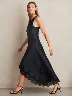 Reiss Petite Anais Satin Lace Trim Draped Maxi Dress, Navy, Navy