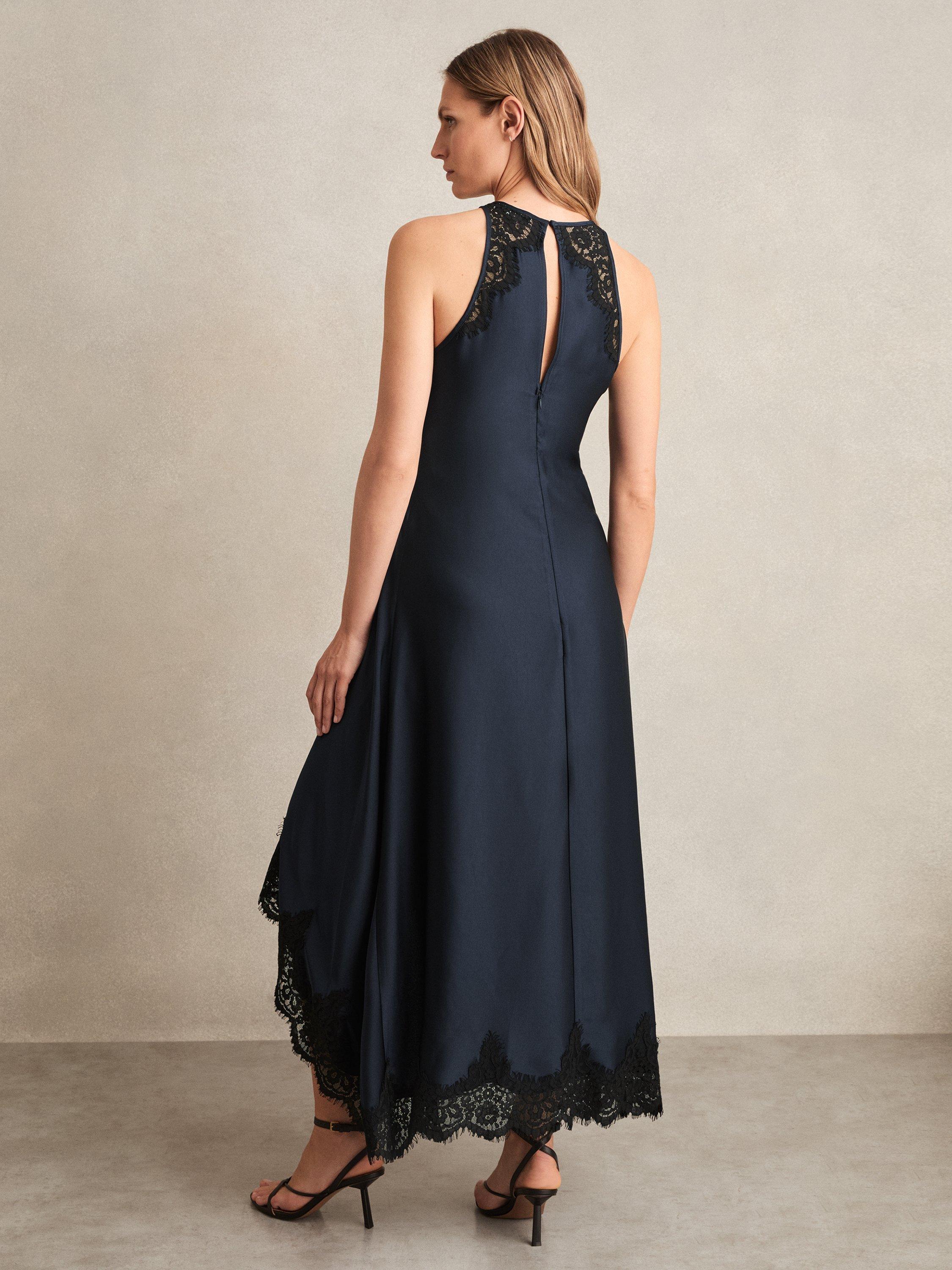 Reiss Petite Anais Satin Lace Trim Draped Maxi Dress, Navy