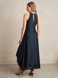 Reiss Petite Anais Satin Lace Trim Draped Maxi Dress, Navy