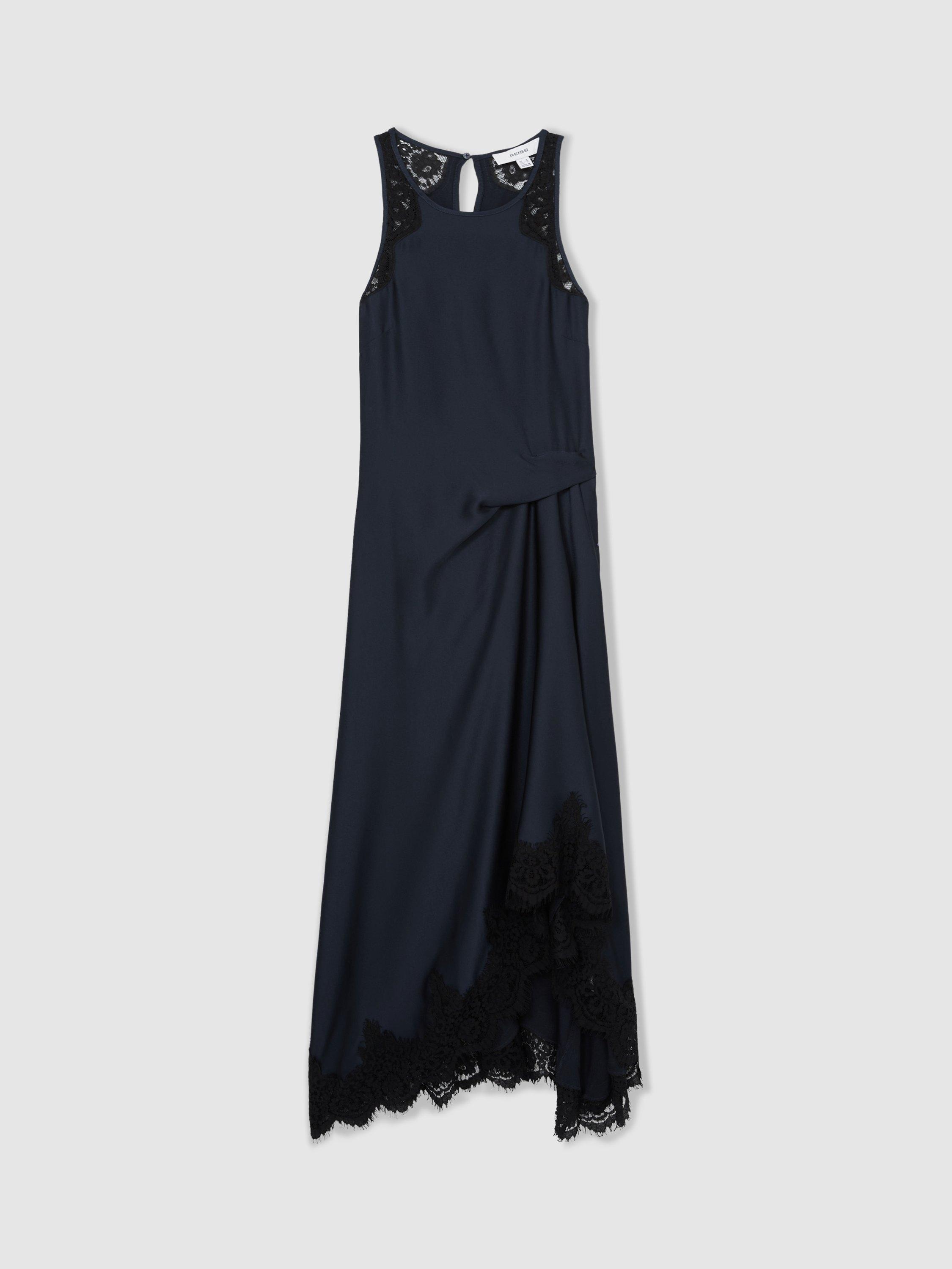 Reiss Petite Anais Satin Lace Trim Draped Maxi Dress, Navy