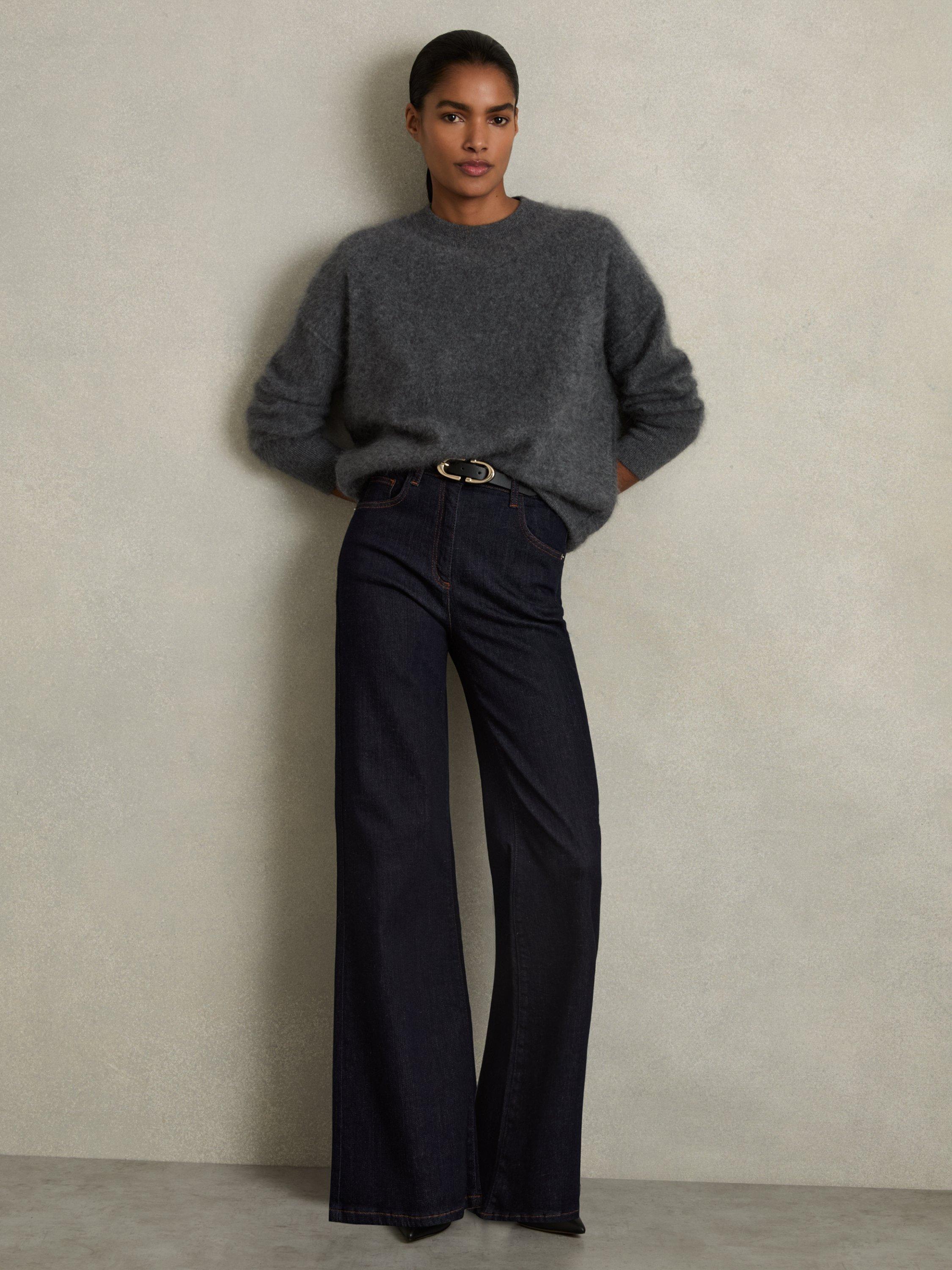 Product image 1 of 5, which shows Reiss Bonnie Mid Rise Flared Jeans, Dark Blue, 26R