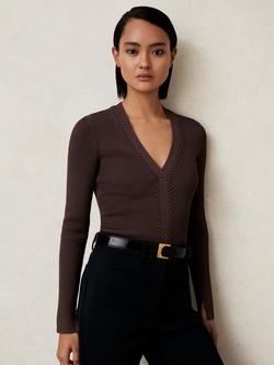 Reiss Lauri Craft-Stitch Rib-Knit Top, Mocha Brown, Mocha Brown