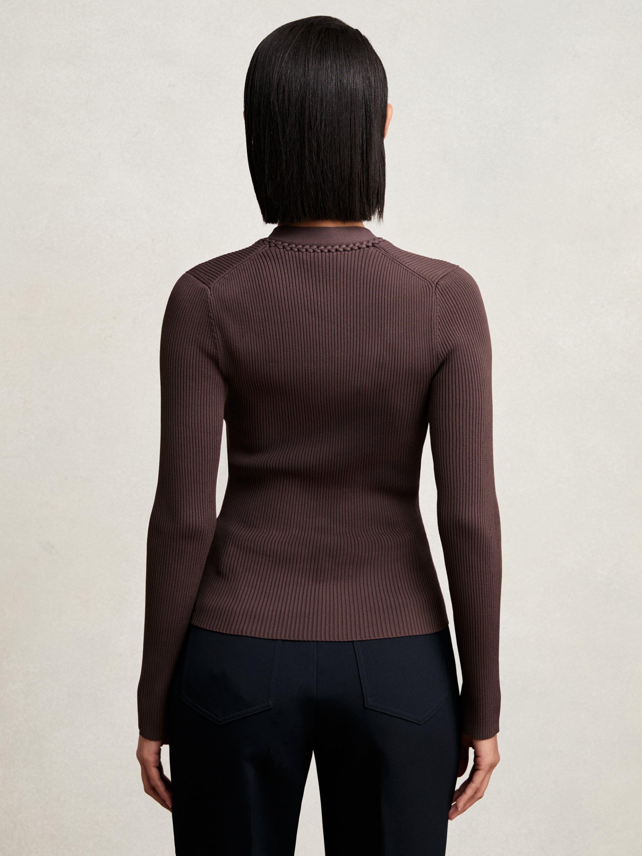 Product image 2 of 5, which shows Reiss Lauri Craft-Stitch Rib-Knit Top, Mocha Brown, XS