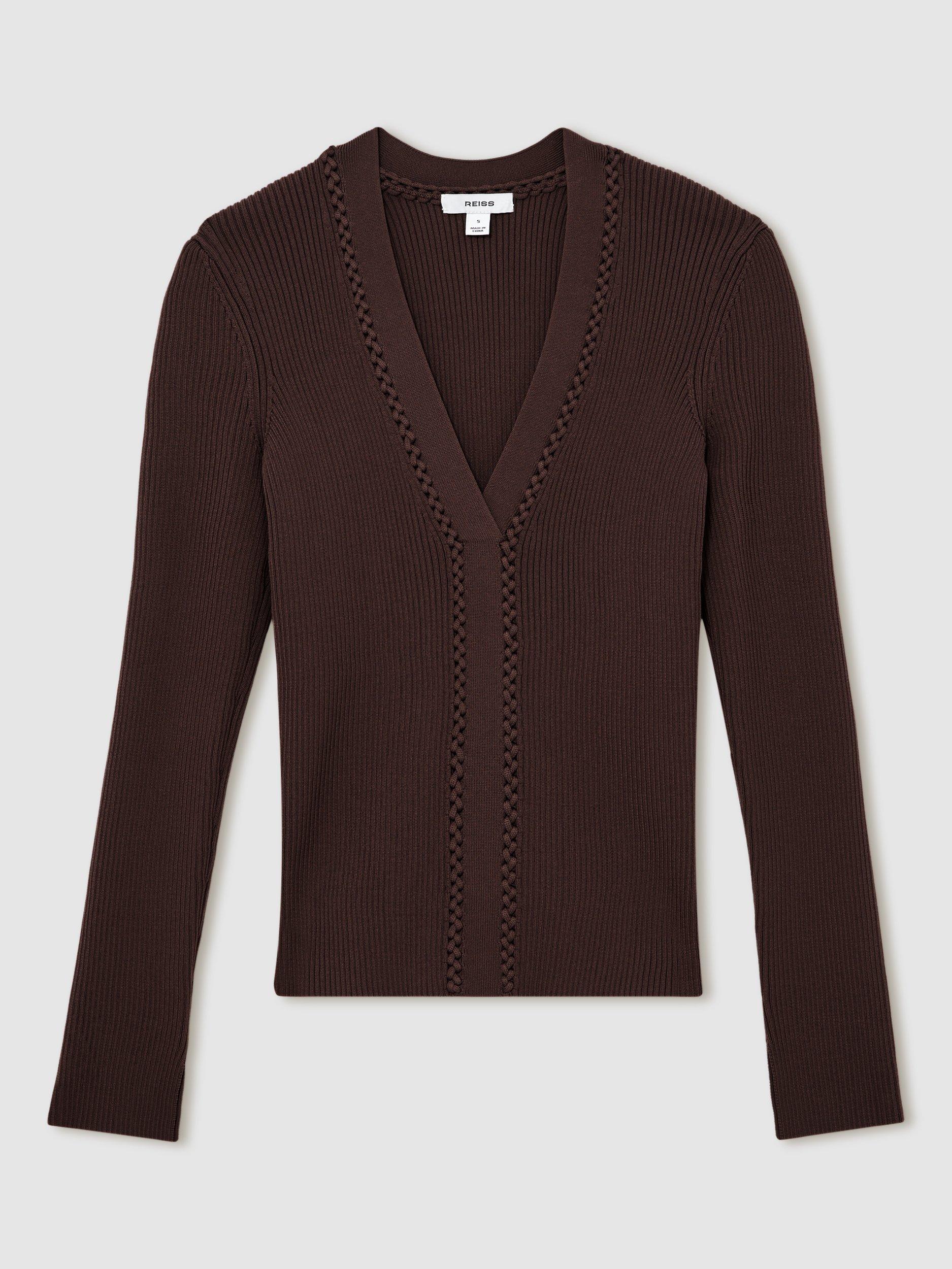Product image 3 of 5, which shows Reiss Lauri Craft-Stitch Rib-Knit Top, Mocha Brown, XS