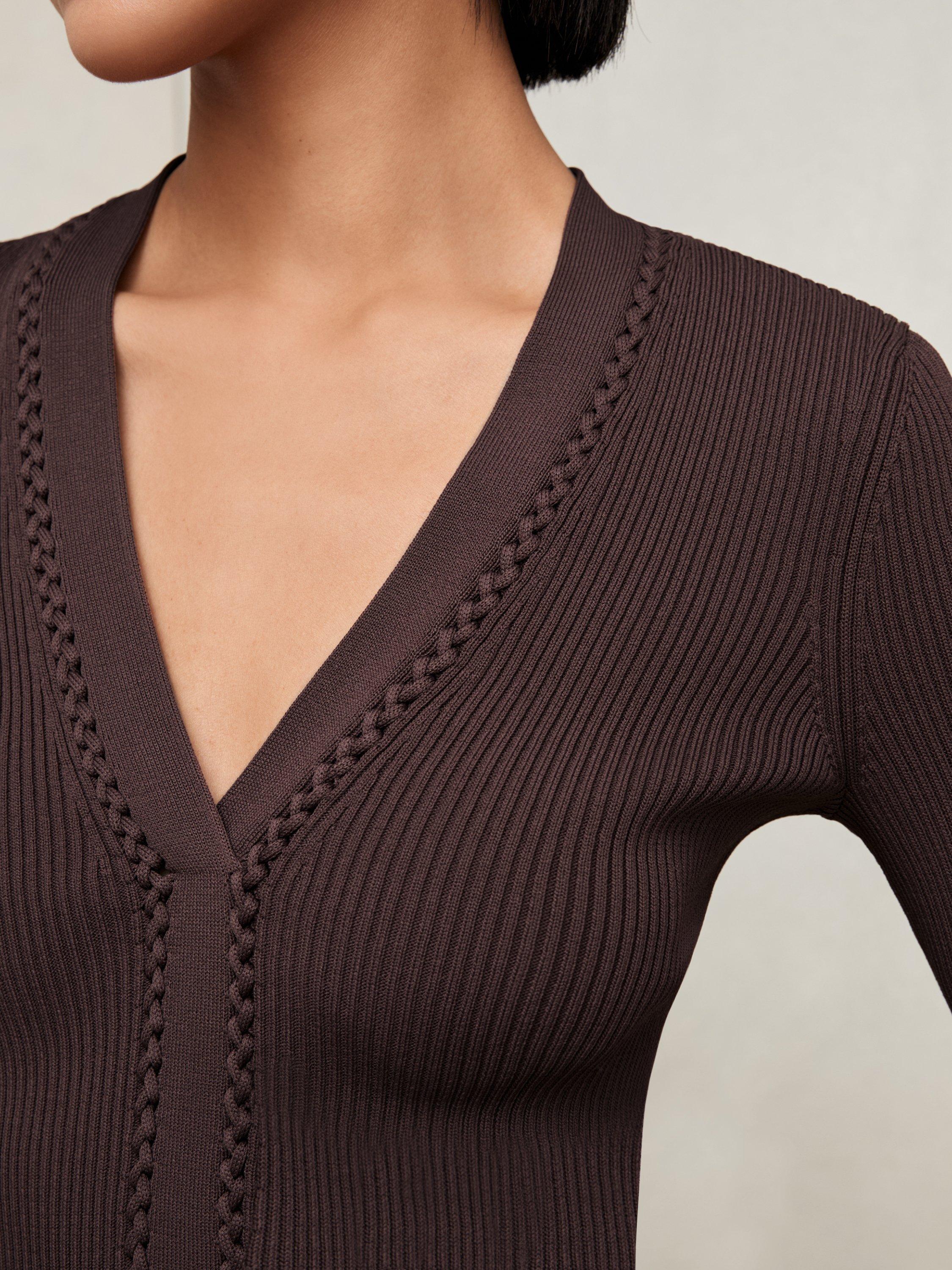 Product image 5 of 5, which shows Reiss Lauri Craft-Stitch Rib-Knit Top, Mocha Brown, XS