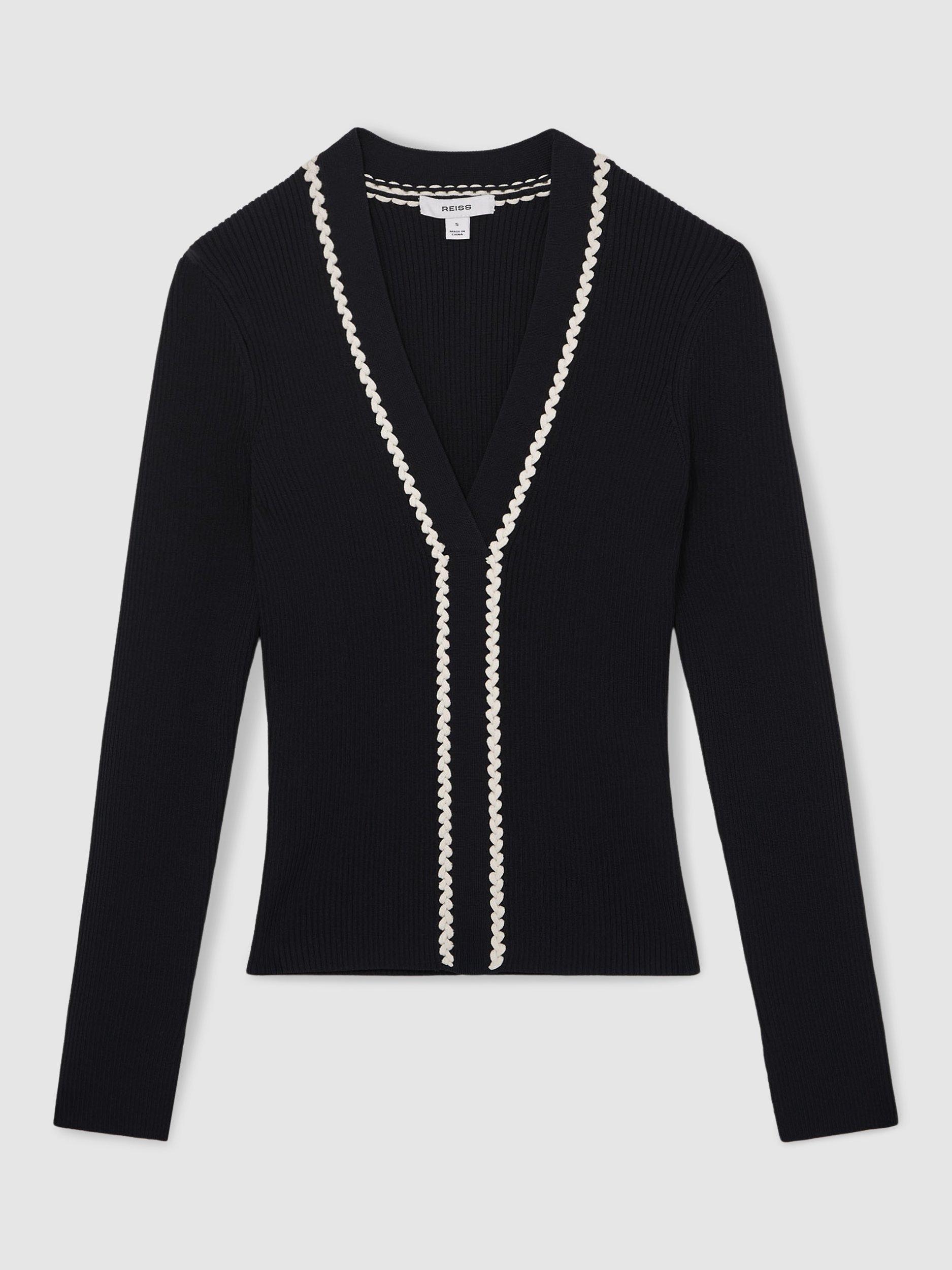 Product image 3 of 4, which shows Reiss Lauri V-Neck Jumper, Navy/White, XS