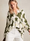 Reiss Delilah Floral Tie-Neck Swing Blouse, Ivory/Green