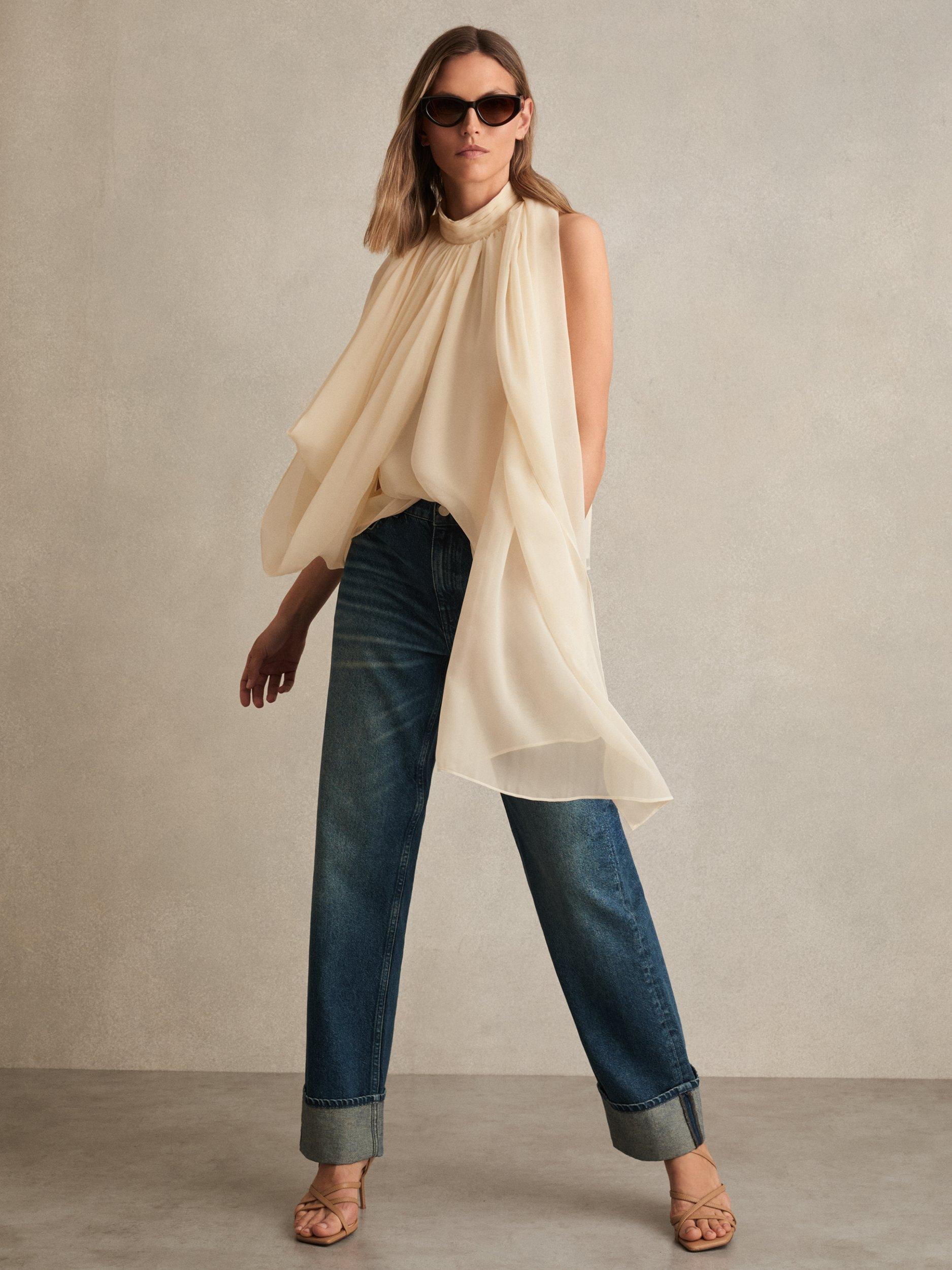 Product image 1 of 6, which shows Reiss Fi Draped Chiffon Sleeveless Top, Ivory, 6