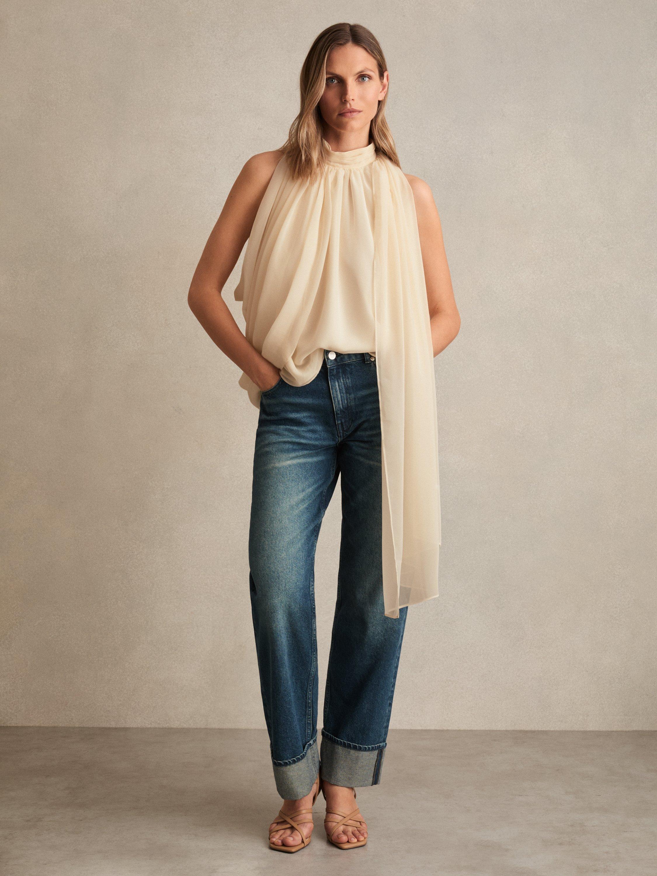 Product image 4 of 6, which shows Reiss Fi Draped Chiffon Sleeveless Top, Ivory, 6