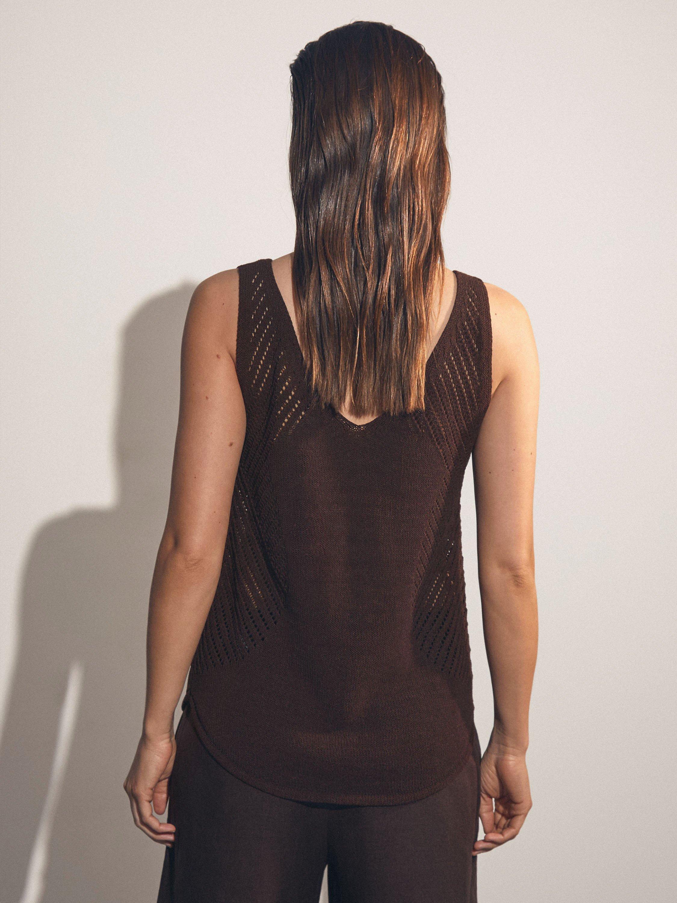 Product image 2 of 5, which shows Reiss Helena Open Stitch Vest, Chocolate Brown, XS