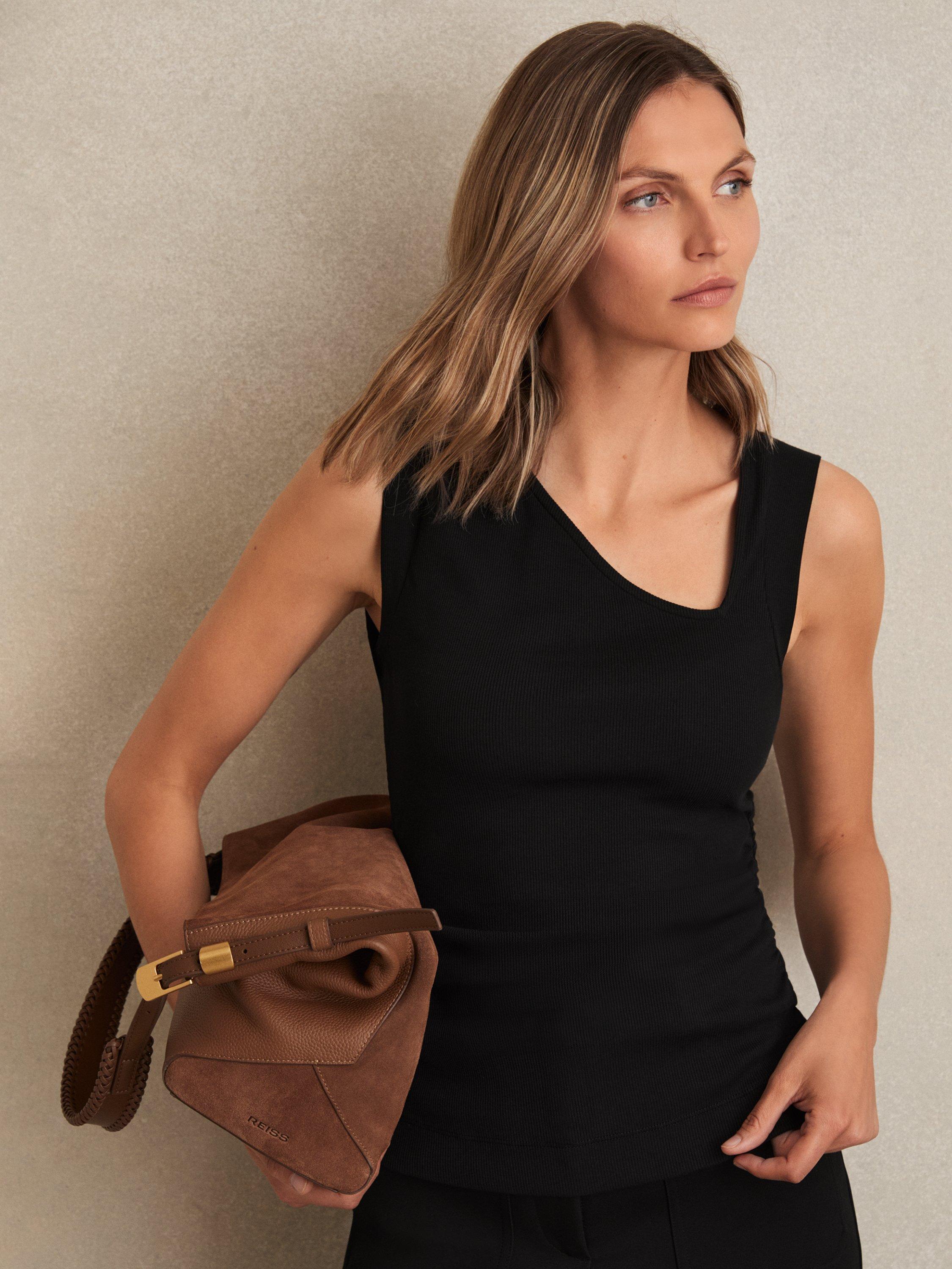 Product image 1 of 5, which shows Reiss Jody Stretch-Cotton Ribbed Asymmetric Vest, Black, XS