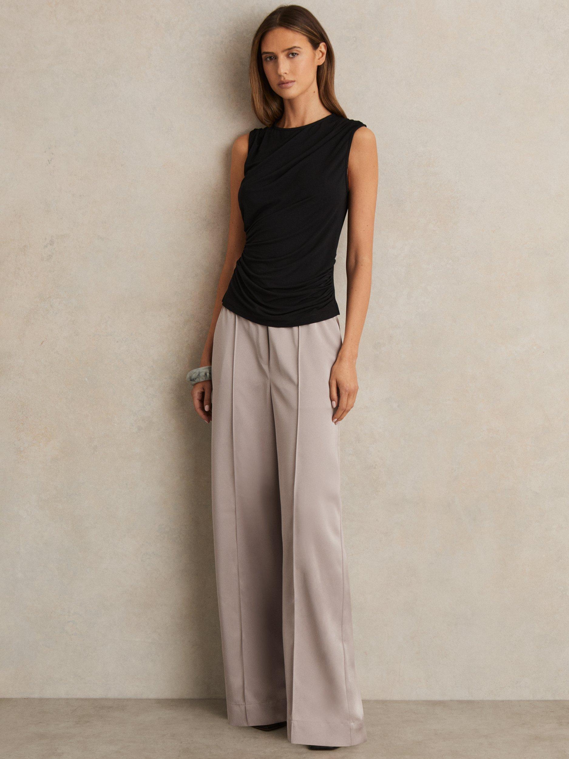 Product image 1 of 5, which shows Reiss Elsie Satin Wide Leg Elastic Waist Trousers, Grey, 6R