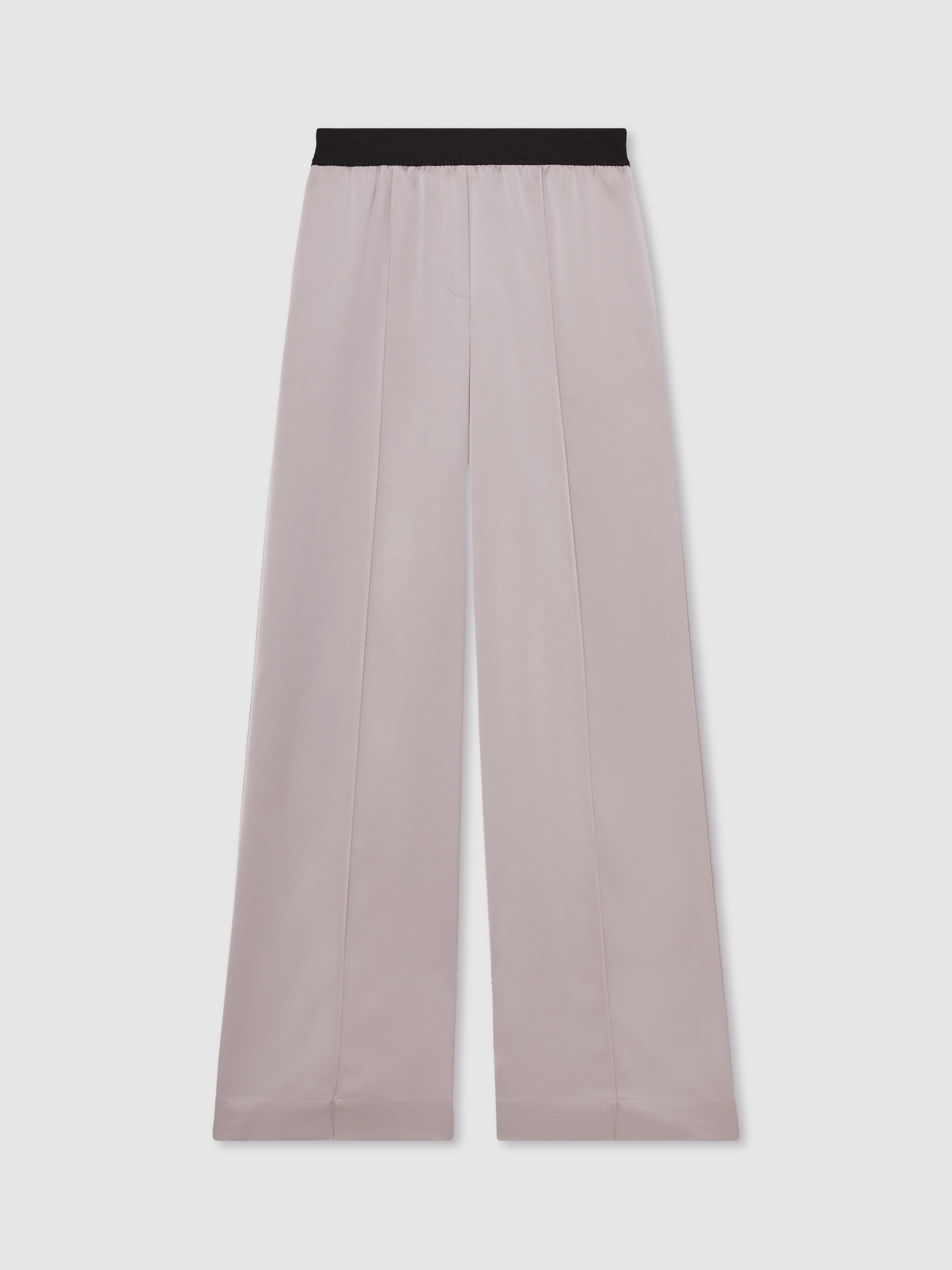 Product image 3 of 5, which shows Reiss Elsie Satin Wide Leg Elastic Waist Trousers, Grey, 6R