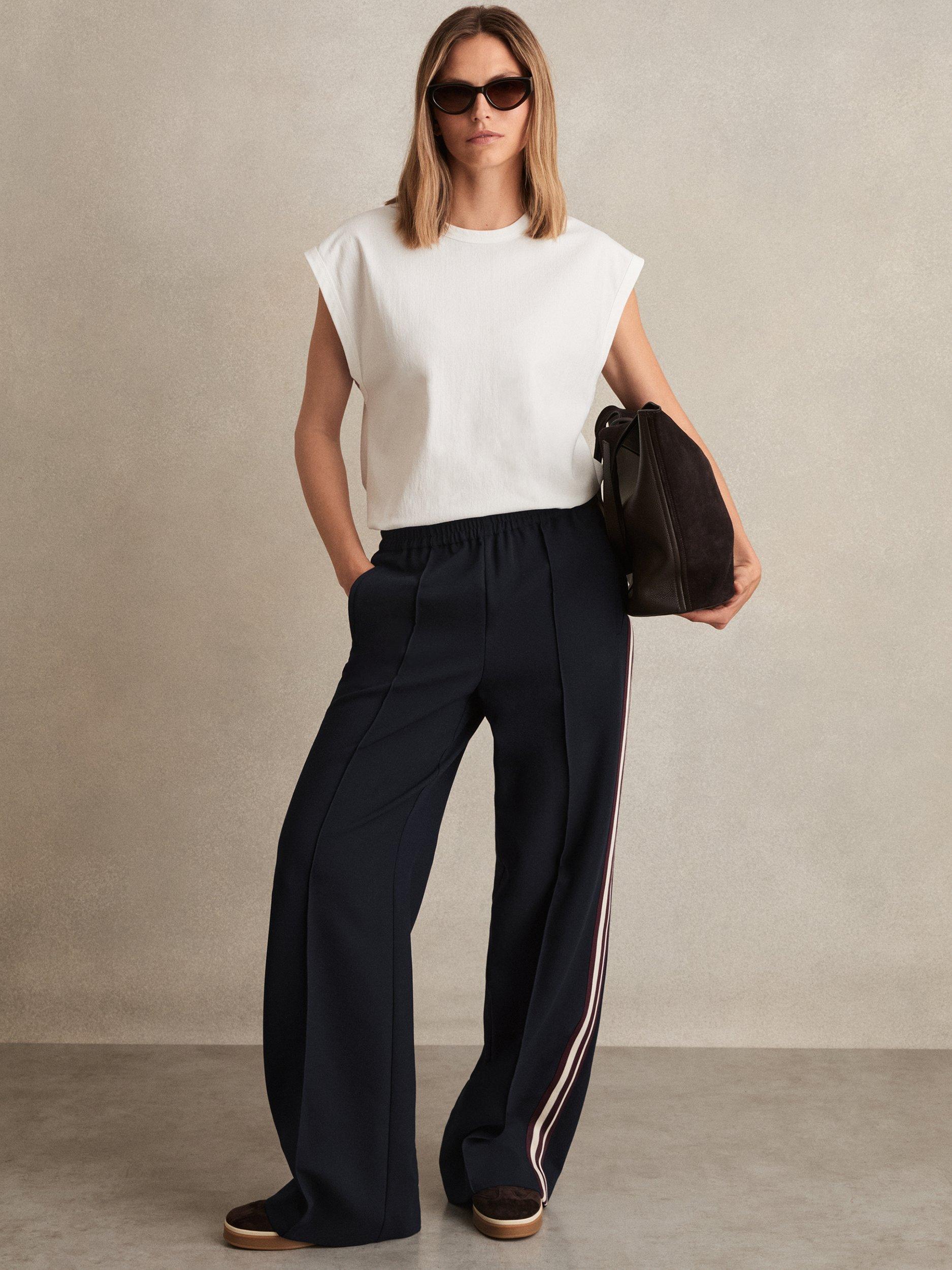 Reiss Petite Robyn Side Stripe Wide Leg Trousers, Navy