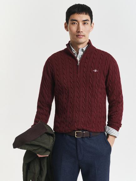 GANT Cotton Cable Knit Half-Zip Jumper, Bordeaux Melange, Bordeaux Melange