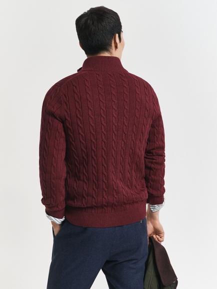 GANT Cotton Cable Knit Half-Zip Jumper, Bordeaux Melange - view 2, Bordeaux Melange