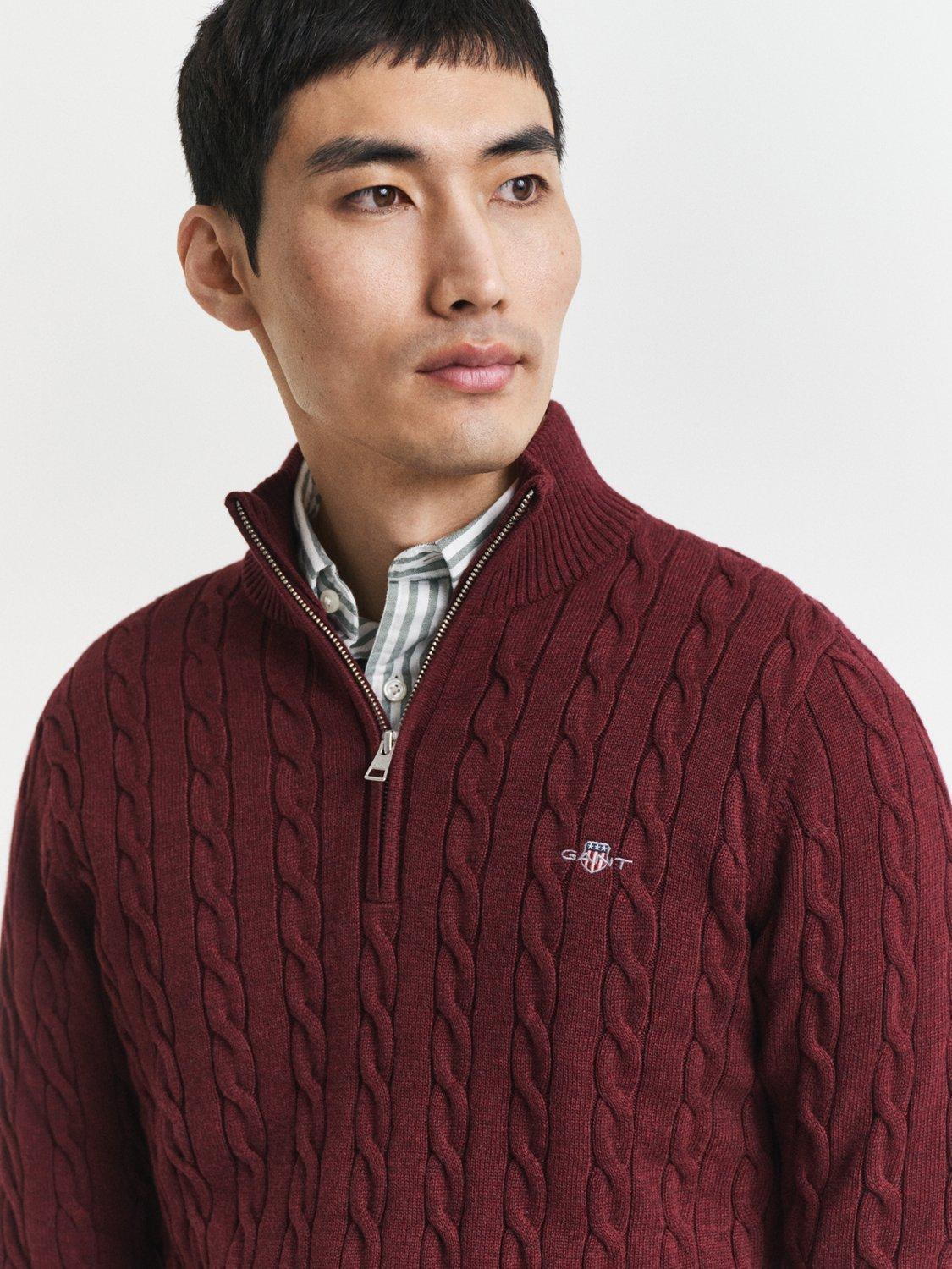 Product image 4 of 4, which shows GANT Cotton Cable Knit Half-Zip Jumper, Bordeaux Melange, S