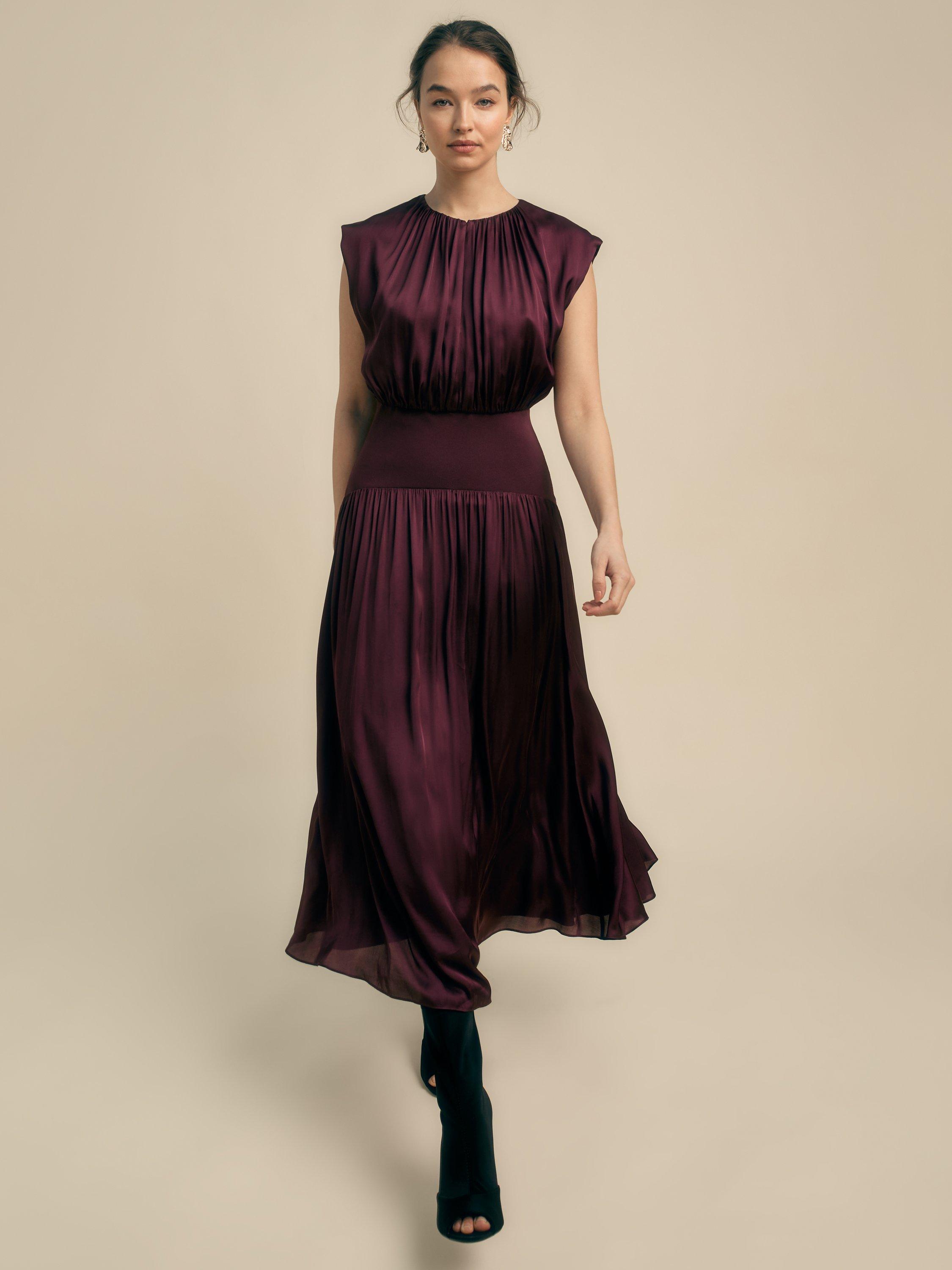 Product image 1 of 4, which shows FLORERE Pleated A-Line Midi Dress, Burgundy, 6