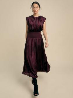 FLORERE Pleated A-Line Midi Dress, Burgundy, Burgundy