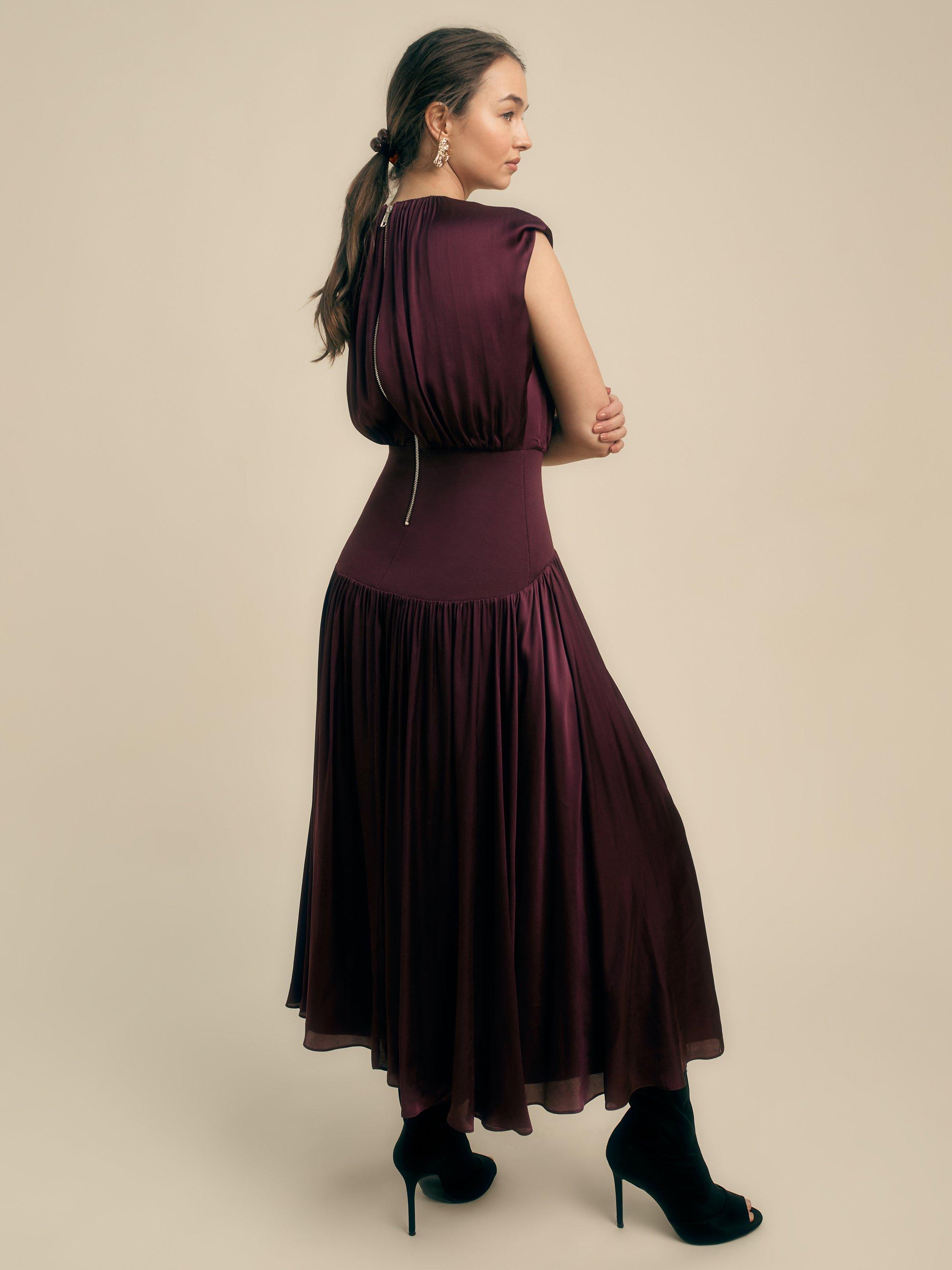 Product image 2 of 4, which shows FLORERE Pleated A-Line Midi Dress, Burgundy, 6