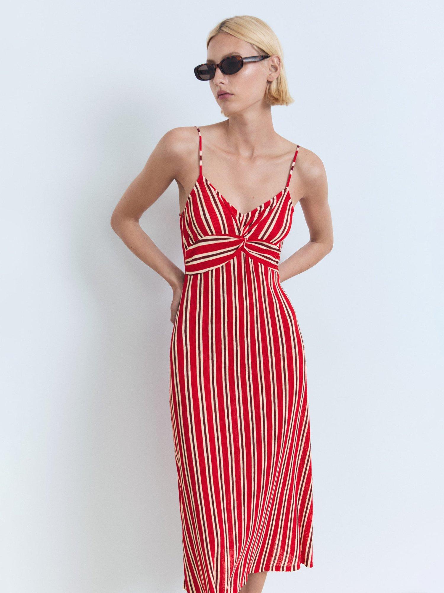 Product image 1 of 7, which shows Mango Pom Stripe Midi Dress, Red, 6