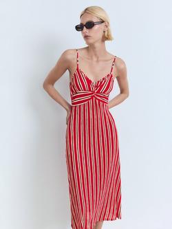 Mango Pom Stripe Midi Dress, Red, Red