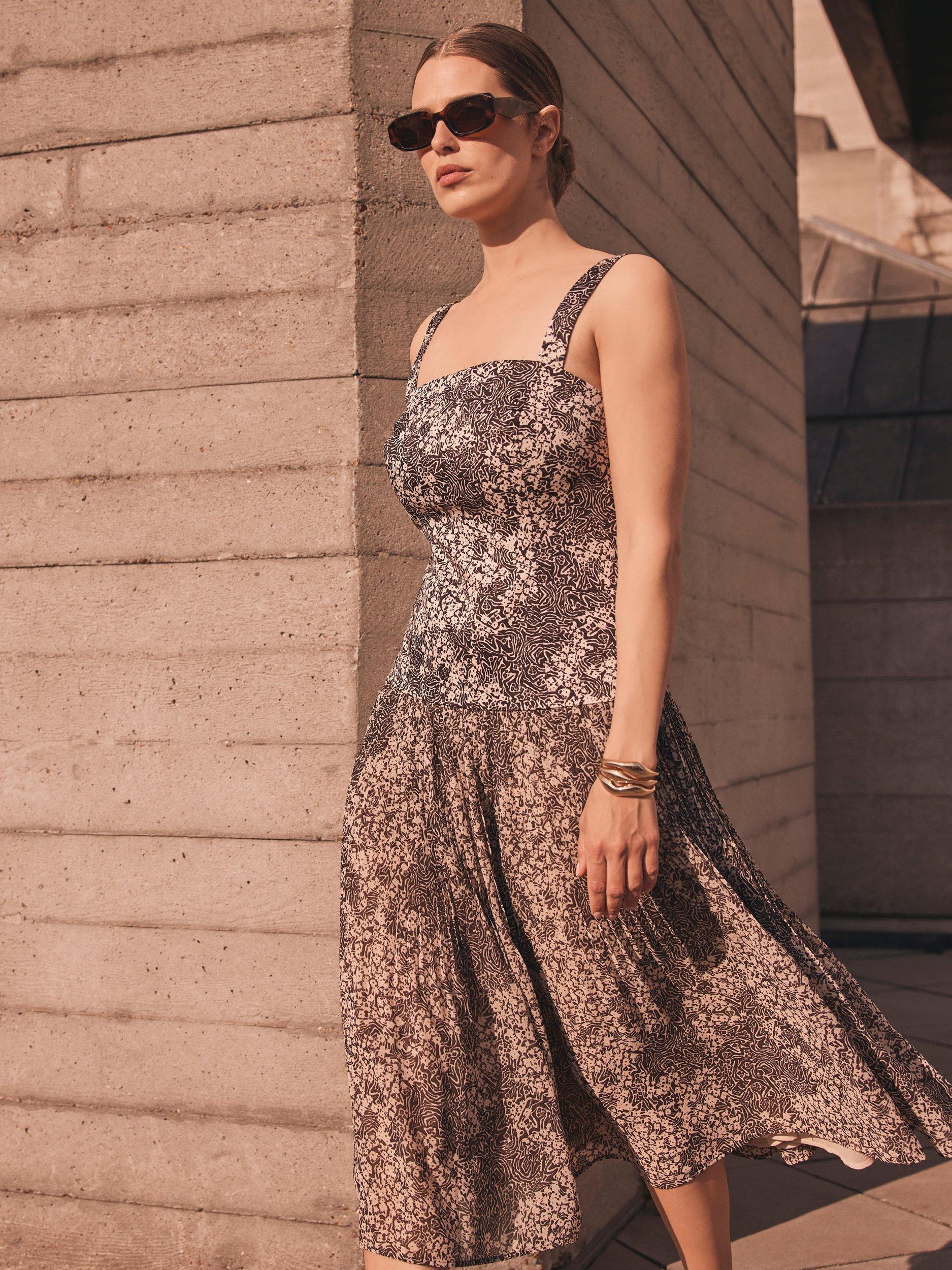 Product image 1 of 8, which shows Mint Velvet Floral Print Cotton Midi Dress, Brown/Multi, 6