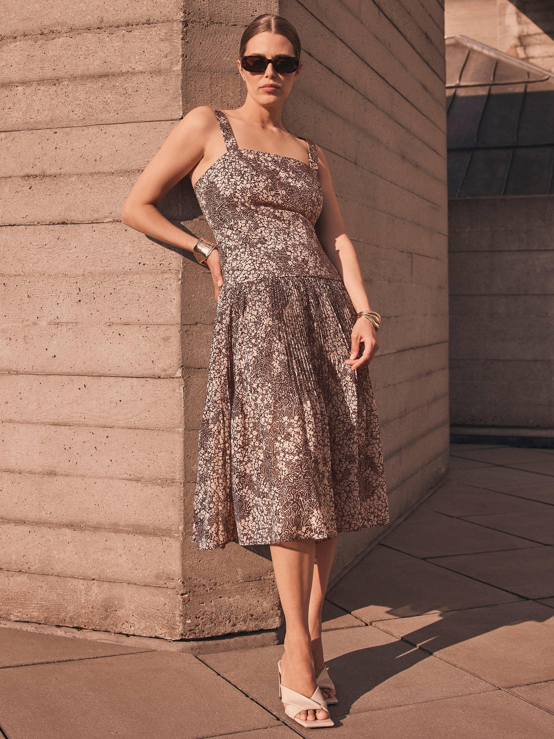 Product image 5 of 8, which shows Mint Velvet Floral Print Cotton Midi Dress, Brown/Multi, 6