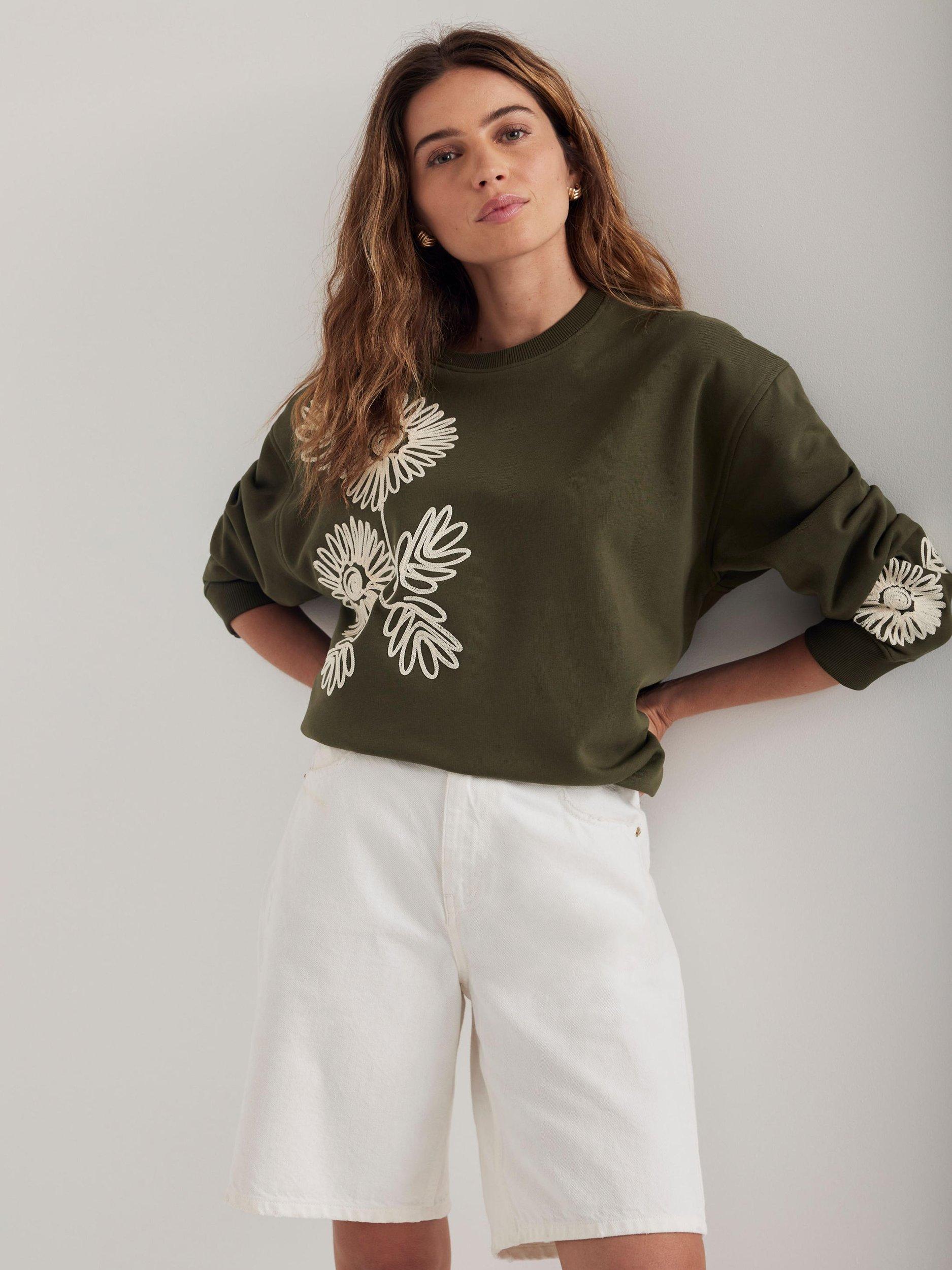 Product image 1 of 8, which shows Mint Velvet Flower Sweatshirt, Khaki/Multi, XS