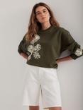 Mint Velvet Flower Sweatshirt, Khaki/Multi