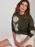 Mint Velvet Flower Sweatshirt, Khaki/Multi