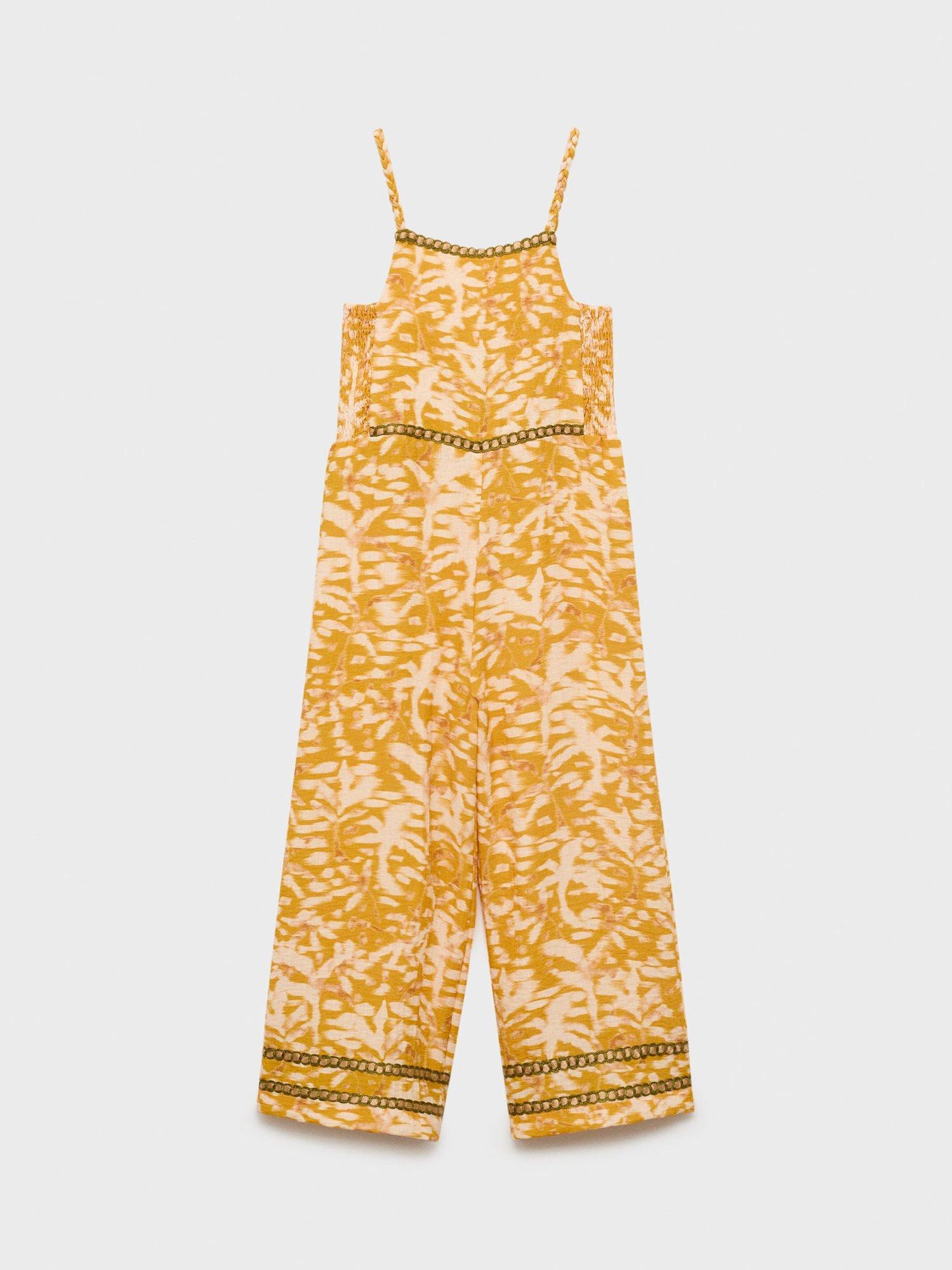 Product image 1 of 4, which shows Mango Kids' Pontao Sleeveless Abstract Print Jumpsuit, Medium Yellow, 6 years