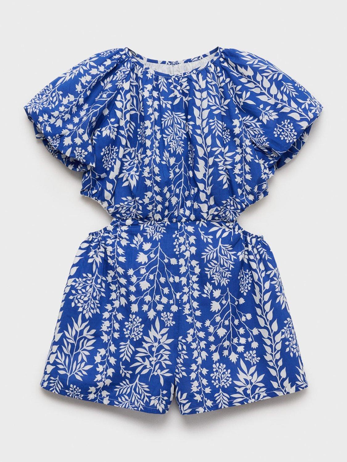 Product image 1 of 4, which shows Mango Kids' Padthai Cotton Leaf Print Playsuit, Medium Blue, 11 years