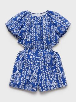 Mango Kids' Padthai Cotton Leaf Print Playsuit, Medium Blue, Medium Blue