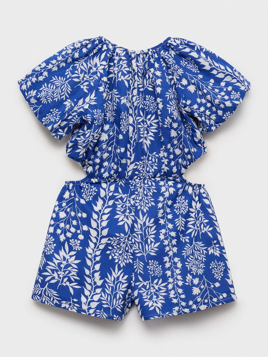 Product image 2 of 4, which shows Mango Kids' Padthai Cotton Leaf Print Playsuit, Medium Blue, 11 years