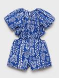 Mango Kids' Padthai Cotton Leaf Print Playsuit, Medium Blue