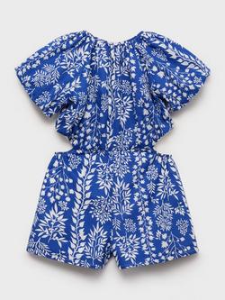 Mango Kids' Padthai Cotton Leaf Print Playsuit, Medium Blue - view 2, Medium Blue