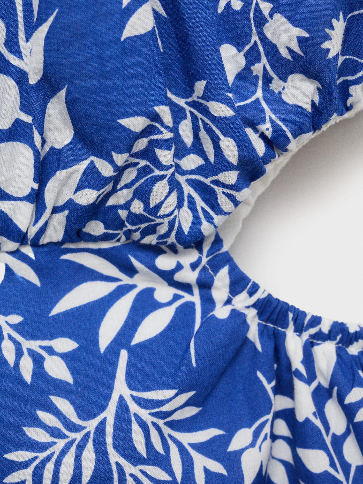Product image 4 of 4, which shows Mango Kids' Padthai Cotton Leaf Print Playsuit, Medium Blue, 11 years